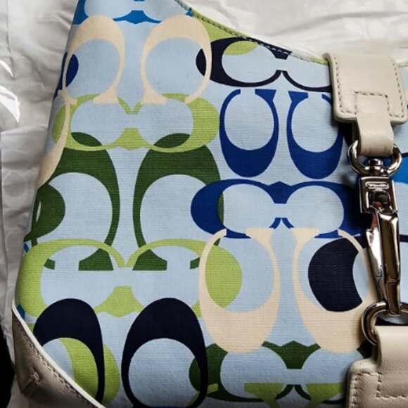 VTG Coach Signature Leather Trim Blue & White Hobo Bag Purse w/Matching Wristlet - Picture 3 of 14